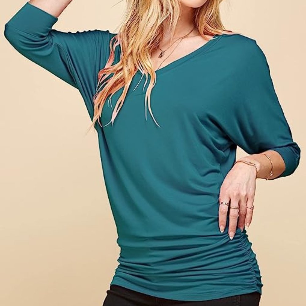 Women's V-Neck 3/4 Sleeve Draped Dolman Top with Side Shirring - Size XL